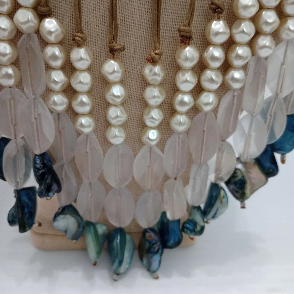 Chico's Statement Necklace Pearl Lucite‎ Shell Bib Boho Resort Adjustable